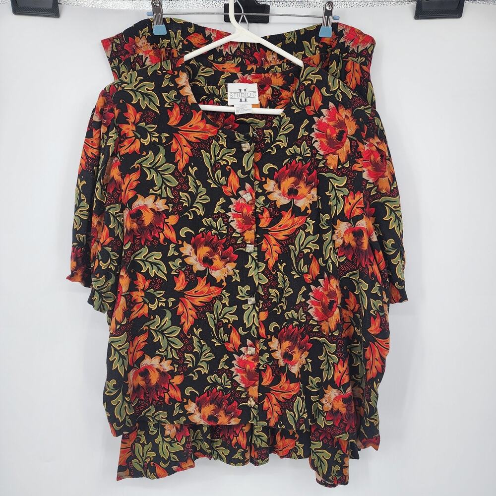 Studio C Floral Top & Skirt Set 24W Rayon Black Orange Red Short Sleeve